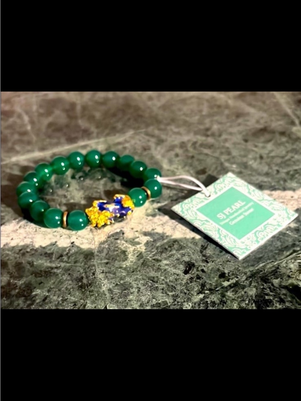 SJ Pearl Genuine Jade Stone with Blue and Gold Accent Bracelet